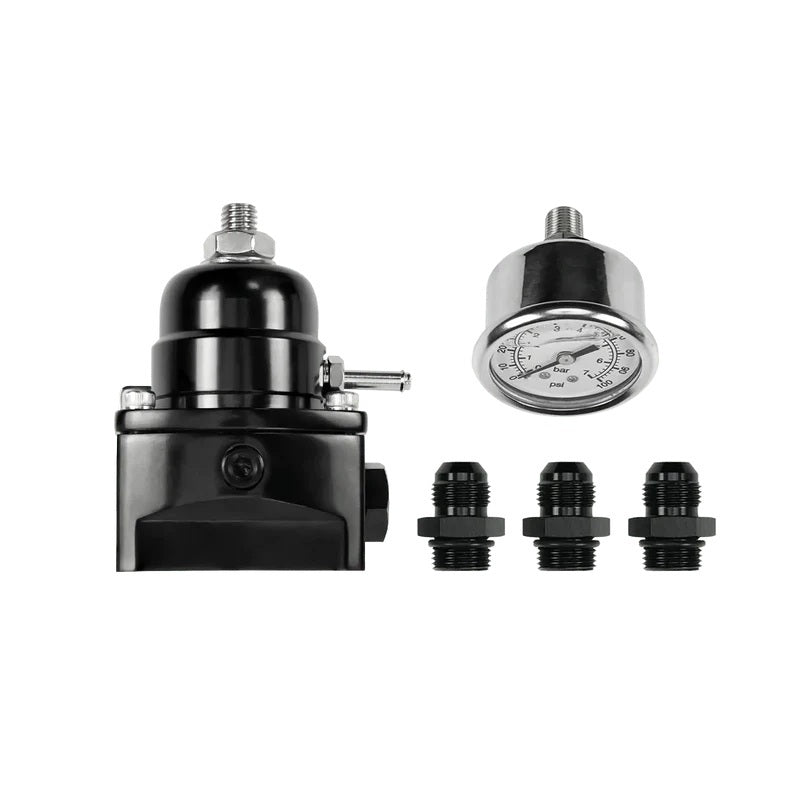 ACES FUEL INJECTION AF2018G ACES Fuel Injection AF2018G Fuel Pressure Regulator with Gauge, 40-75 PSI, In-Line, 6 AN Female Fittings, NPT Port, Black Anodized for Gas, E85, and Methanol
