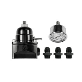 ACES FUEL INJECTION AF2018G ACES Fuel Injection AF2018G Fuel Pressure Regulator with Gauge, 40-75 PSI, In-Line, 6 AN Female Fittings, NPT Port, Black Anodized for Gas, E85, and Methanol
