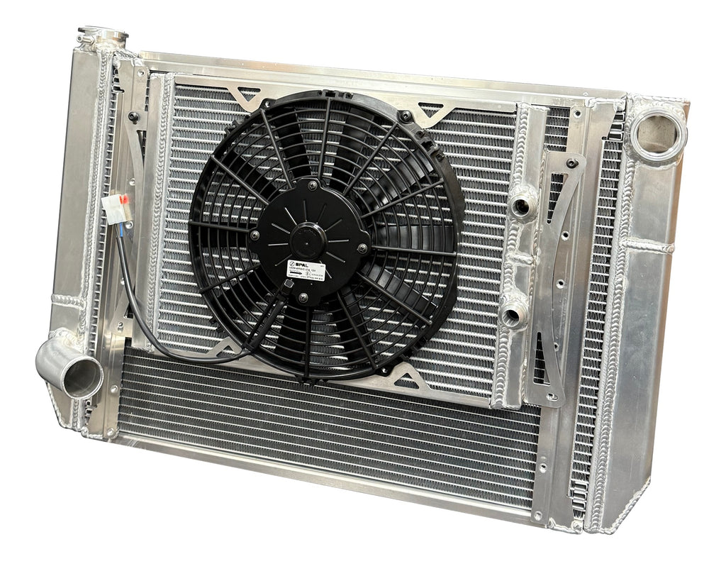 FLUIDYNE PERFORMANCE MGM.SLM.CLOSEDV2 Fluidyne Performance MGM.SLM.CLOSEDV2 Double Pass Radiator with Fan for Passenger Side Inlet and Outlet, 28.875 in W x 18 in H, Aluminum Construction