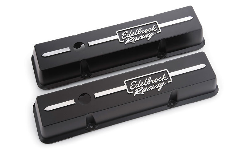 EDELBROCK 41633 Edelbrock Race Series Valve Cover Kit for Small Block Chevy - Black Aluminum with Breather Hole and Edelbrock Logo