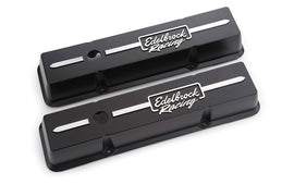 EDELBROCK 41633 Edelbrock Race Series Valve Cover Kit for Small Block Chevy - Black Aluminum with Breather Hole and Edelbrock Logo