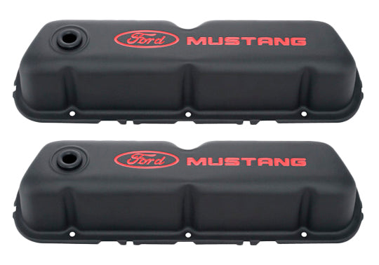 FORD 302-101 Black Steel Valve Cover Set w/Mustang Logo