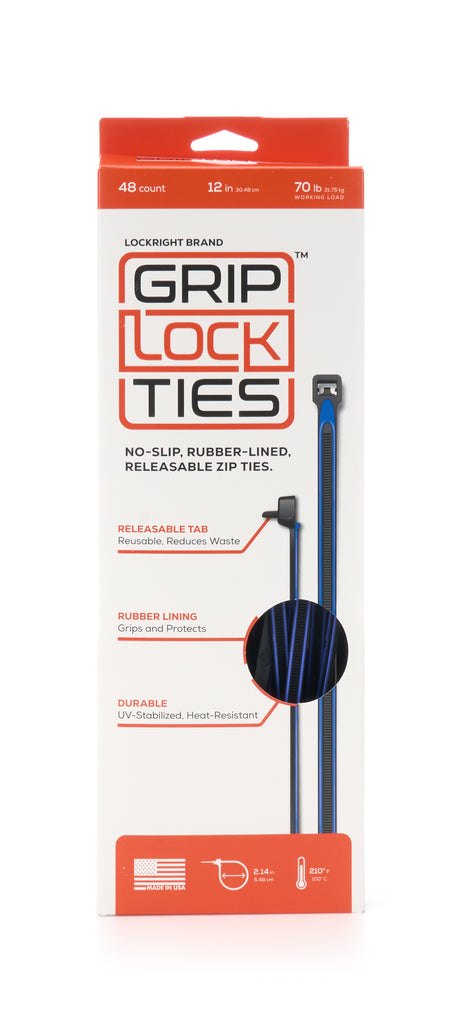 GRIP LOCK TIES G12-BKBU-X48 Grip Lock Ties 12-inch Reusable Zip Ties with Blue Rubber Lining, Black, Set of 48