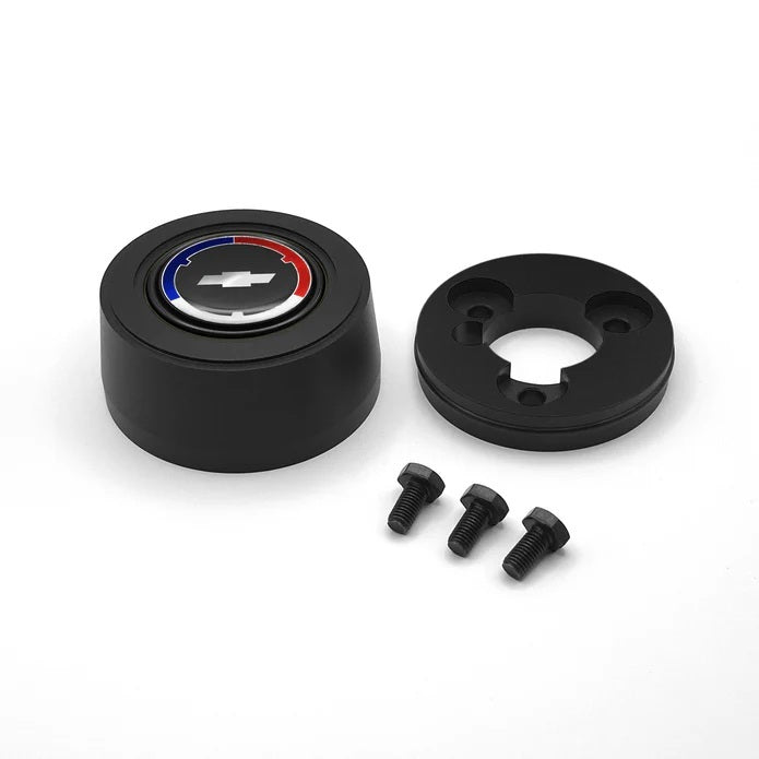 GRANT 5922 Grant Billet Horn Button Chevrolet Hi-Rise with Blue, Red, and White Bowtie Logo - Aluminum with Black Anodized Finish for 3-Bolt Steering Wheels