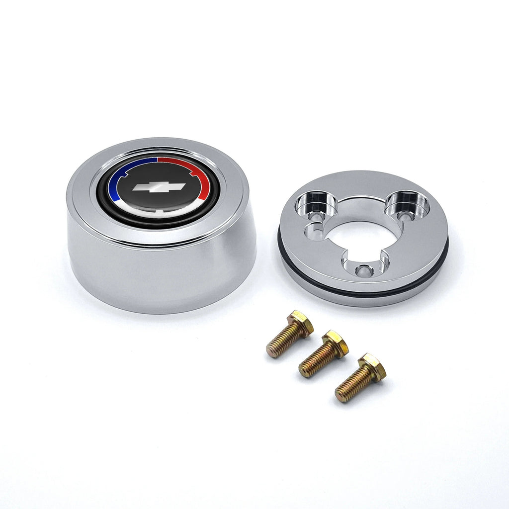 GRANT 5932 Grant Billet Horn Button Chevrolet Hi-Rise Blue Red White Bowtie Aluminum Polished for 3-Bolt Steering Wheels
