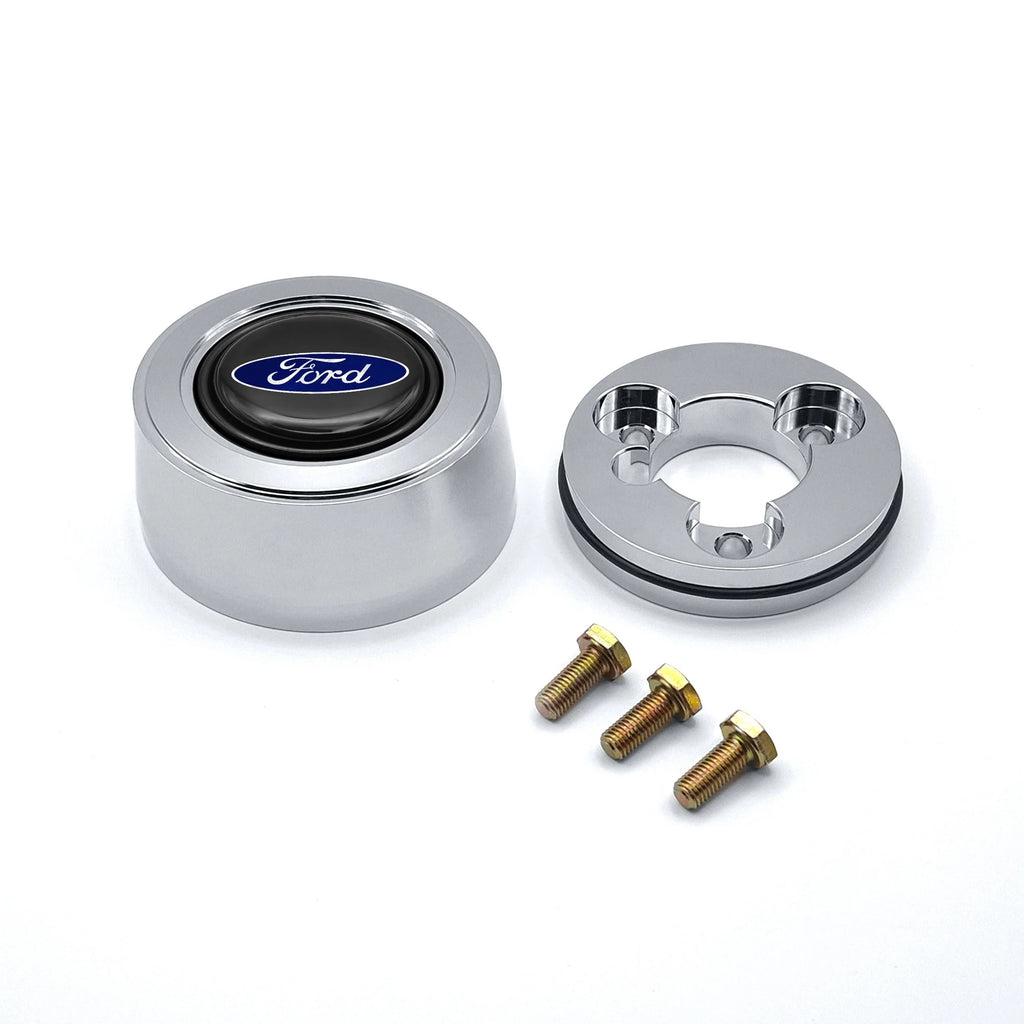 GRANT 5933 Grant Billet Horn Button for Ford - Hi-Rise Black and Blue Aluminum with Ford Oval Logo - Fits 3-Bolt Steering Wheels