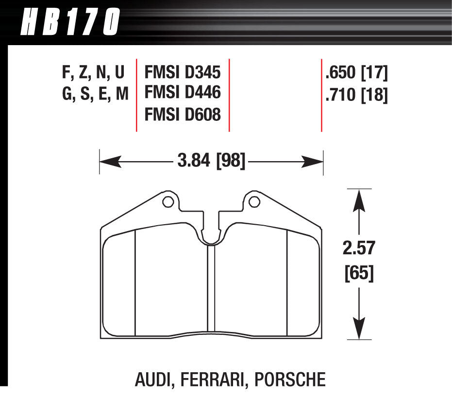 HAWK BRAKE HB170G650 BRAKE PAD MASERATI PORSCHE FERRARI FR & RR