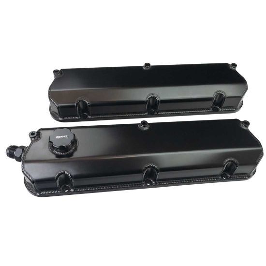 MOROSO 68478 MOROSO Small Block Ford Aluminum Baffled Valve Cover Pair with 12 AN Female Breather Port and 10 AN Male Fitting, Black Anodized - Part #68478