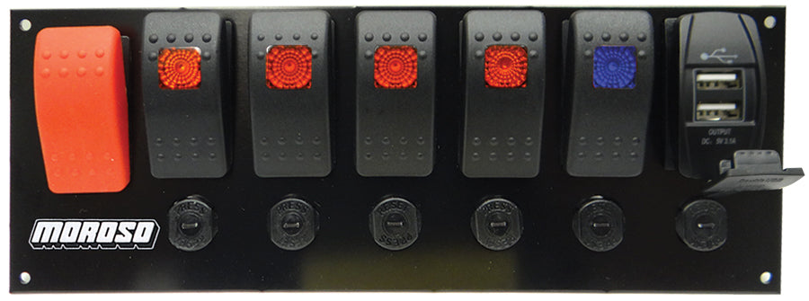 MOROSO 74194 Rocker LED Switch Panel w/Breakers & USB Ports