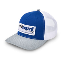 Load image into Gallery viewer, MPD RACING MPD90415 MPD Racing Trucker Snapback Hat with Embroidered Logo - White Mesh, Blue and Gray
