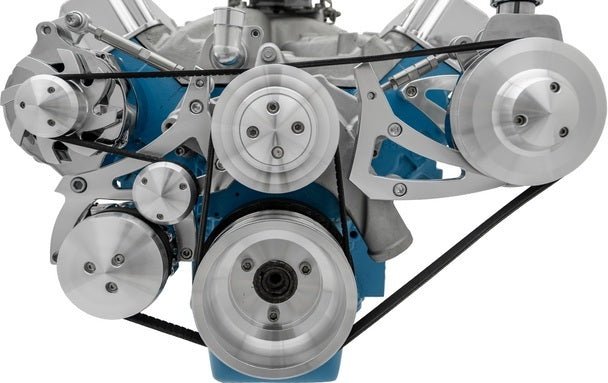 MARCH PERFORMANCE 19030 March Performance Ford FE Ultra Serpentine Pulley Kit with Air Conditioning, 6-Rib Aluminum with Clear Powder Coat, Part Number 19030