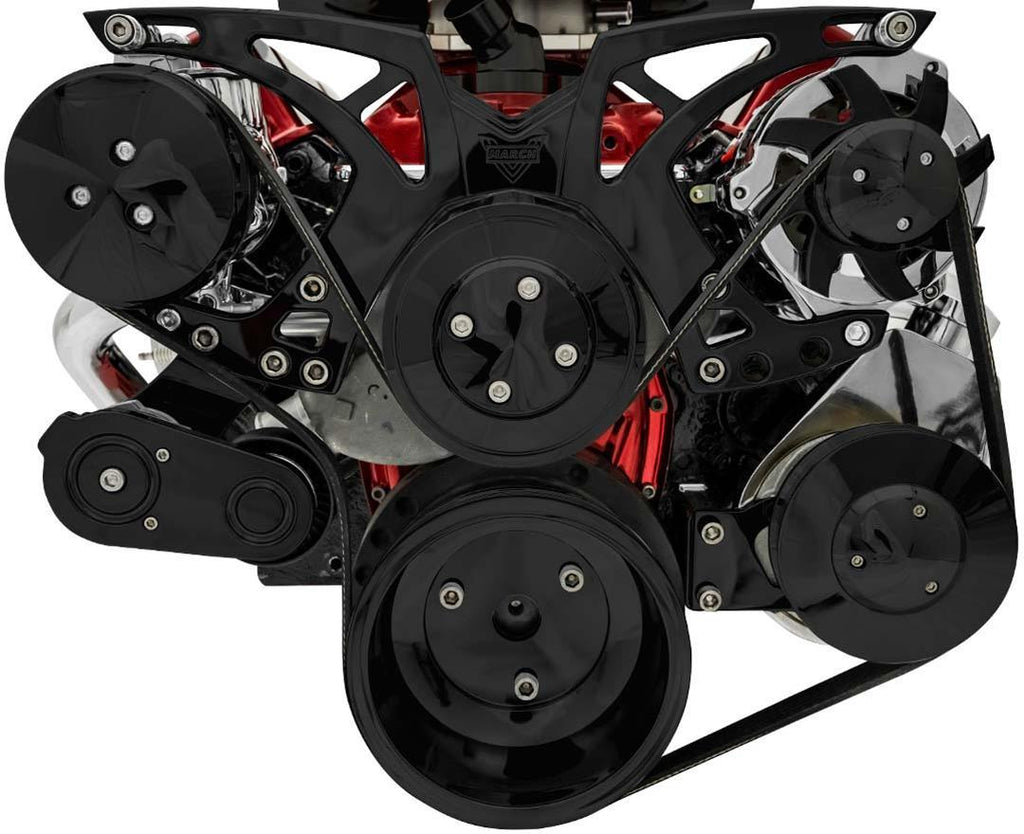MARCH PERFORMANCE 21255-08 March Performance BBC Style Track Serpentine Pulley Kit with AC - Black Aluminum - Part #21255-08