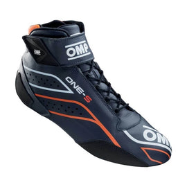 OMP RACING, INC. IC0-0822-A03-249-45 OMP RACING Inc. One-S FIA 8856-201 Mid-Top Driving Shoes - Navy Blue and Fluorescent Orange, Euro 45