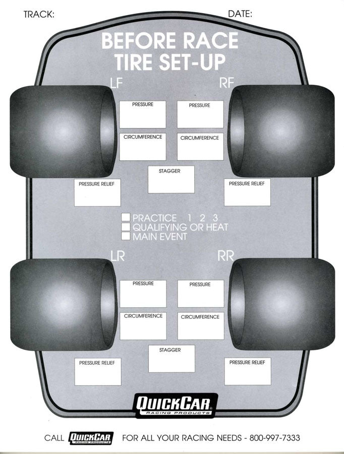 QUICKCAR RACING PRODUCTS 51-210 Before Race Tire Set-Up Forms (50 PK)
