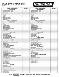 QUICKCAR RACING PRODUCTS 51-237 Race Day Check-List