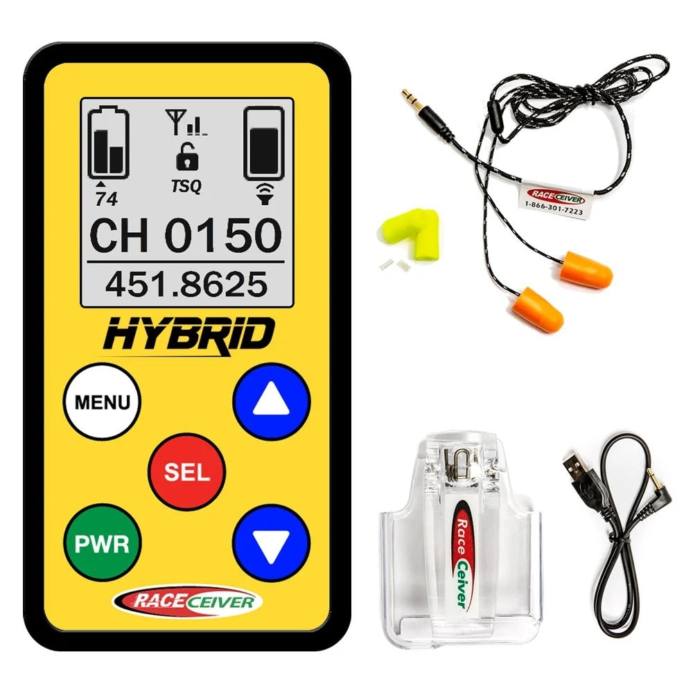 RACECEIVER RCVHYBRID16R/SPK RACECEIVER Hybrid Radio Receiver with LCD Screen and Semi-Pro Earpiece, Yellow, Part Number RCVHYBRID16R/SPK