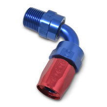 Load image into Gallery viewer, RUSSELL 612180 Russell 612180 6AN 90-Degree Hose End Fitting with 3/8 in NPT Male Thread, Aluminum, Blue/Red Anodized, Swivel Design